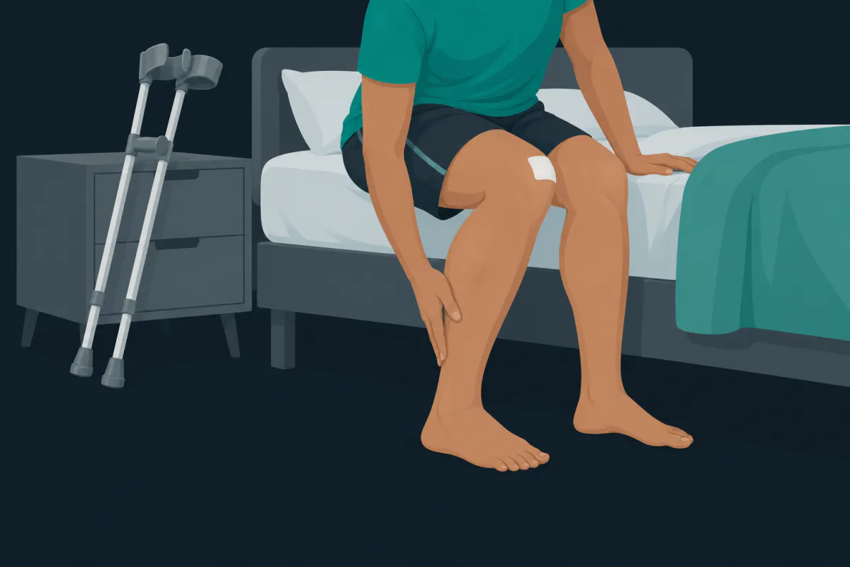 Eine Person sitzt auf der Bettkante, beugt sich vor und legt eine Hand an die Wade des Beins mit dem kleinen Verband am Knie.