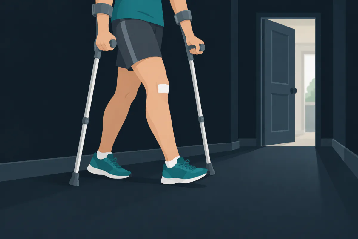 Eine Person geht auf zwei Unterarmkrücken einen freien Flur entlang. Das Bein mit dem kleinen Verband am Knie macht gerade einen Schritt nach vorn.