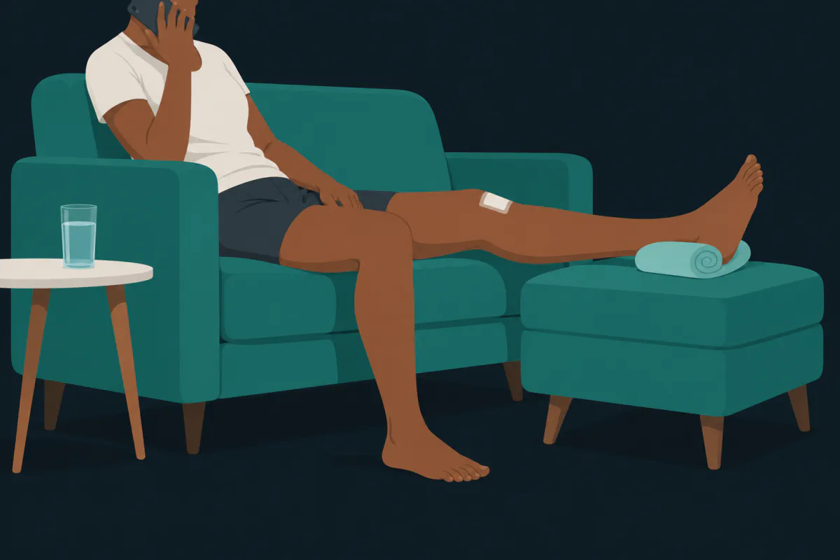 Eine Person sitzt auf dem Sofa, ein Bein ausgestreckt auf einem Fußhocker, und hält sich ein Handy ans Ohr.