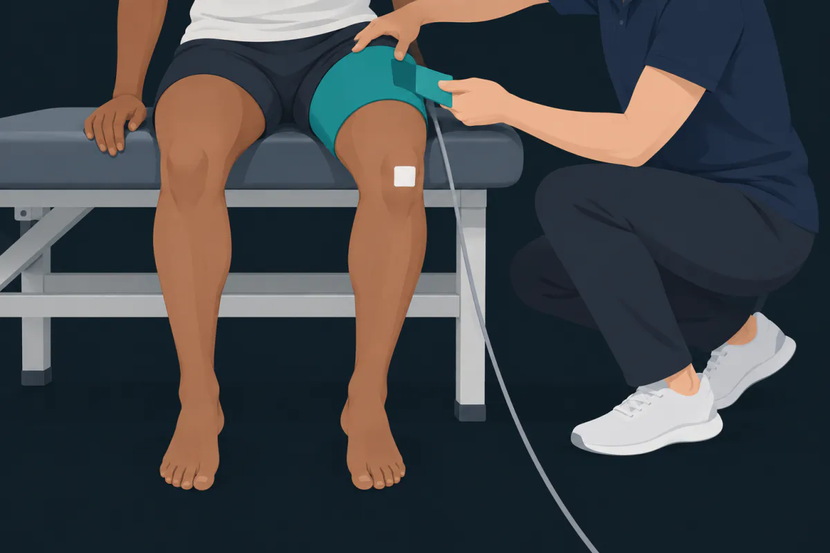 A physiotherapist's hands fastening a wide cuff around the top of a seated patient's thigh, high against the hip.