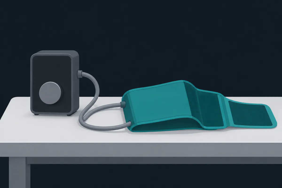 A small inflation unit on a clinic bench with a tube running to a wide teal cuff lying open beside it.