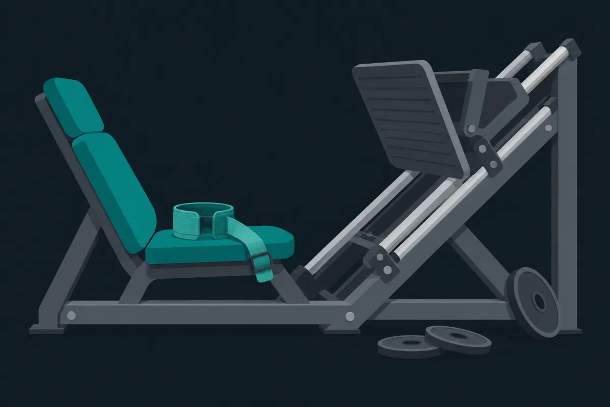 A leg press machine with a wide cuff resting on its seat and two small thin weight plates on the floor beside it.
