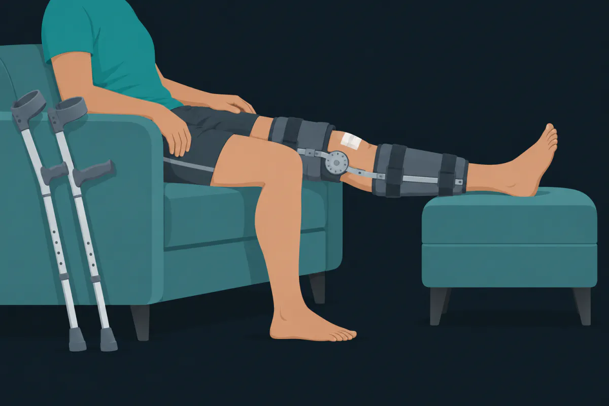 A person on a sofa with one straight leg in a long hinged post-operative knee brace, the heel on a footstool and crutches beside them.