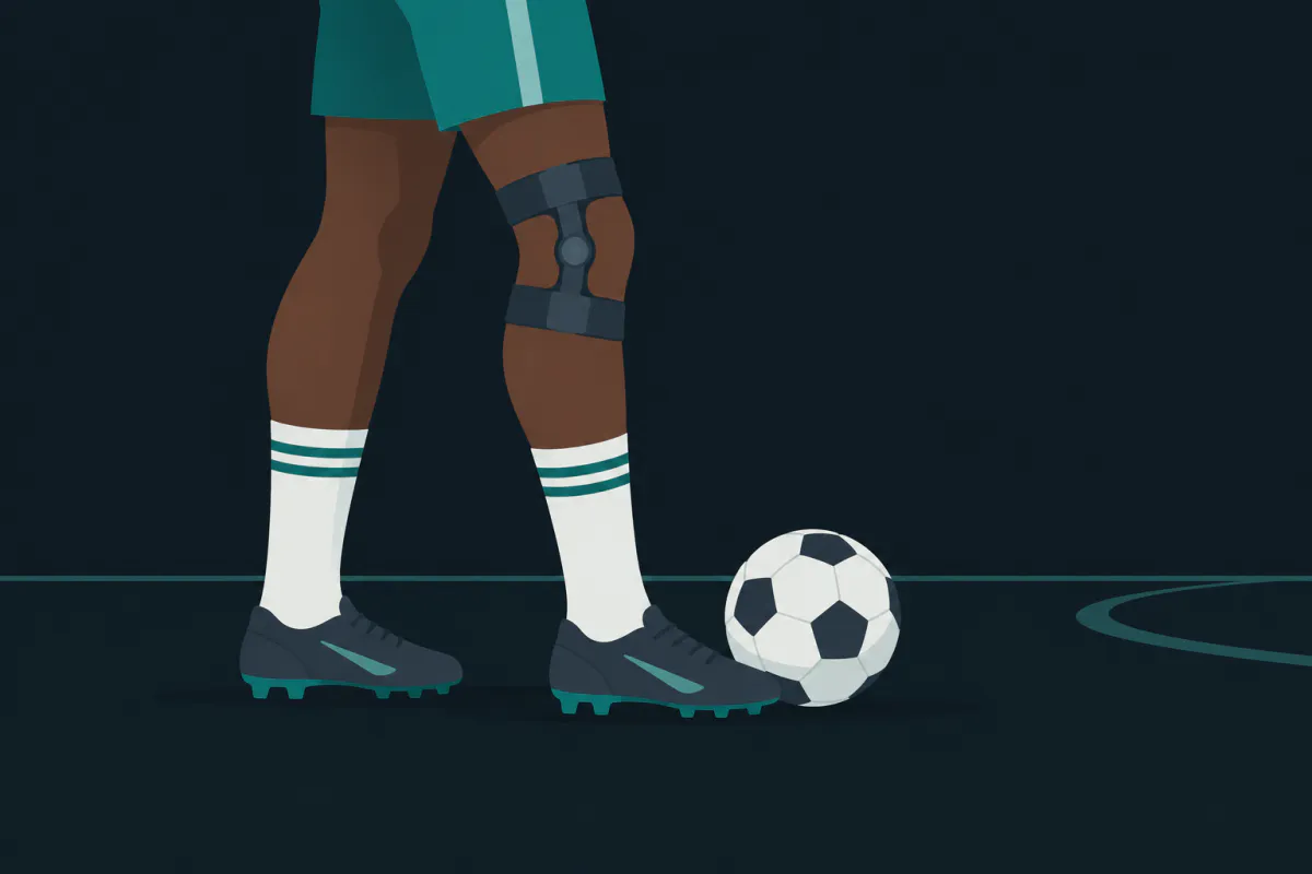 The legs of a footballer standing over a ball on a pitch, one knee in a short rigid sports brace with a side hinge.
