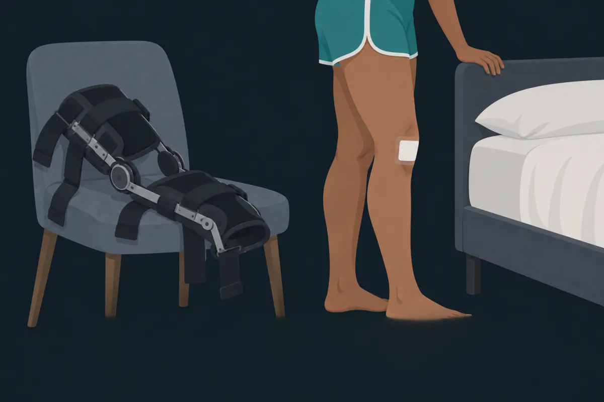 A hinged knee brace lying unstrapped on a chair while a person stands beside the bed without it.