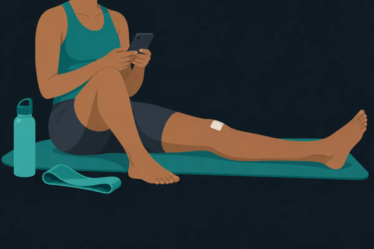 A person sitting on an exercise mat after a rehab session, holding a smartphone in their lap with the back of the phone facing the viewer.