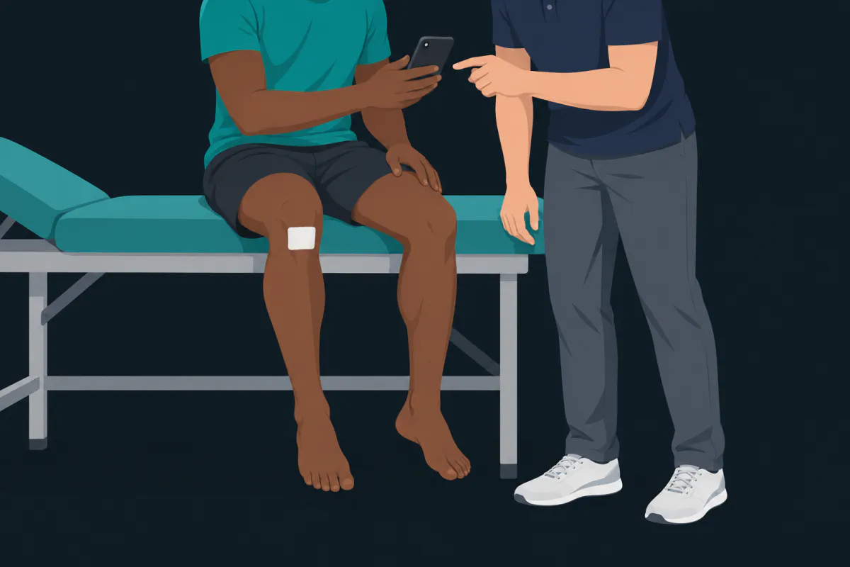 A patient on a treatment table holding a smartphone out to a physiotherapist who leans in to look at it.