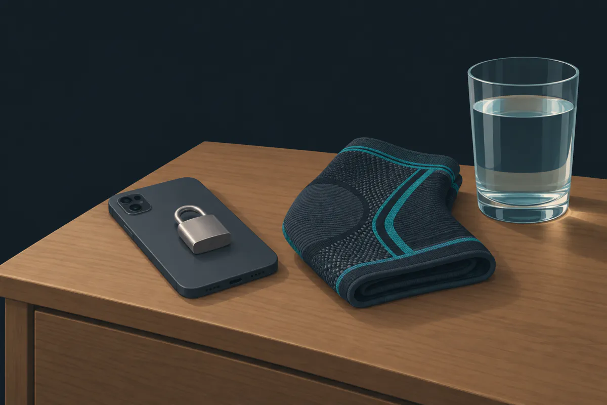 A smartphone lying face down on a bedside table with a small closed padlock resting on top of it.