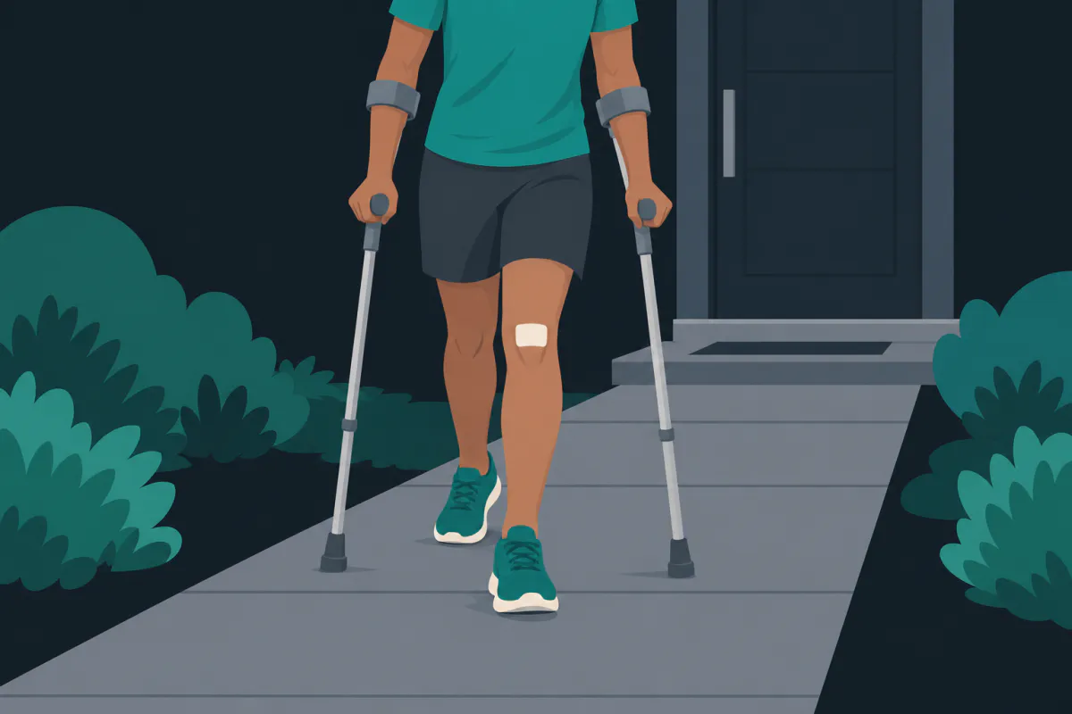 A person in shorts and trainers walking along a garden path on two forearm crutches, the operated leg stepping forward between them.