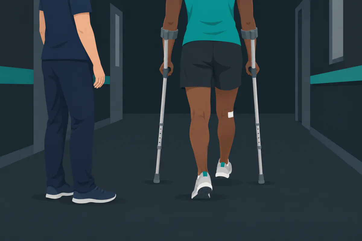 A physiotherapist standing to one side of a clinic corridor watching a patient walk away on two forearm crutches.
