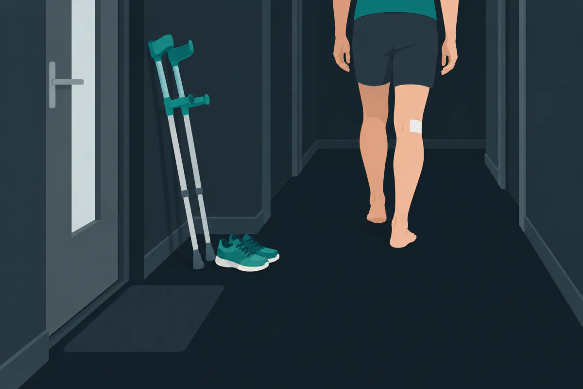 A pair of forearm crutches leaning against the wall by a front door while a person walks away down the hallway without them.