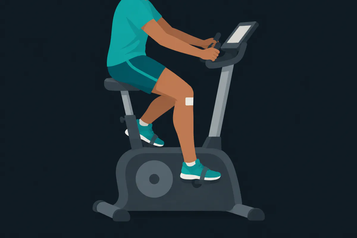 A person pedalling an upright stationary bike, seen from the side, the operated leg at the bottom of the pedal stroke.