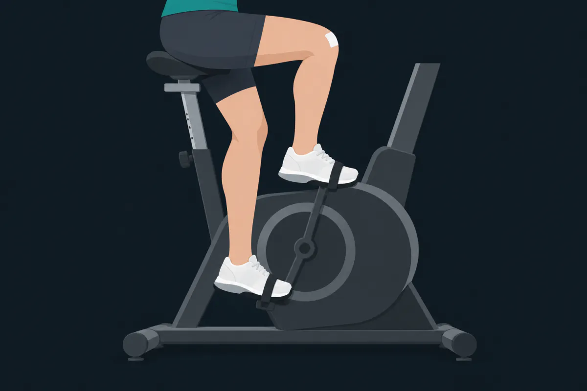 Close-up of a rider's legs on a stationary bike with one pedal at the top of the stroke, that knee at its most bent.