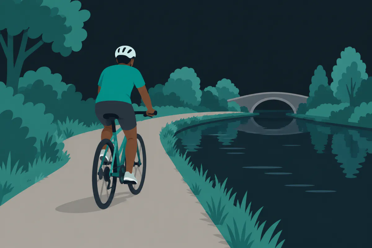 A cyclist in a helmet riding away along a canal towpath on a hybrid bicycle.