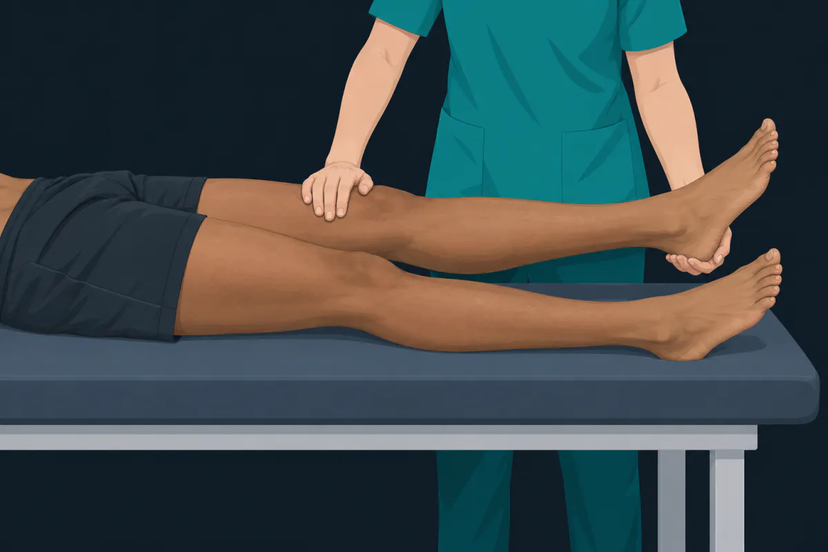A clinician standing beside a treatment plinth with one hand above a person's knee and the other under the heel.