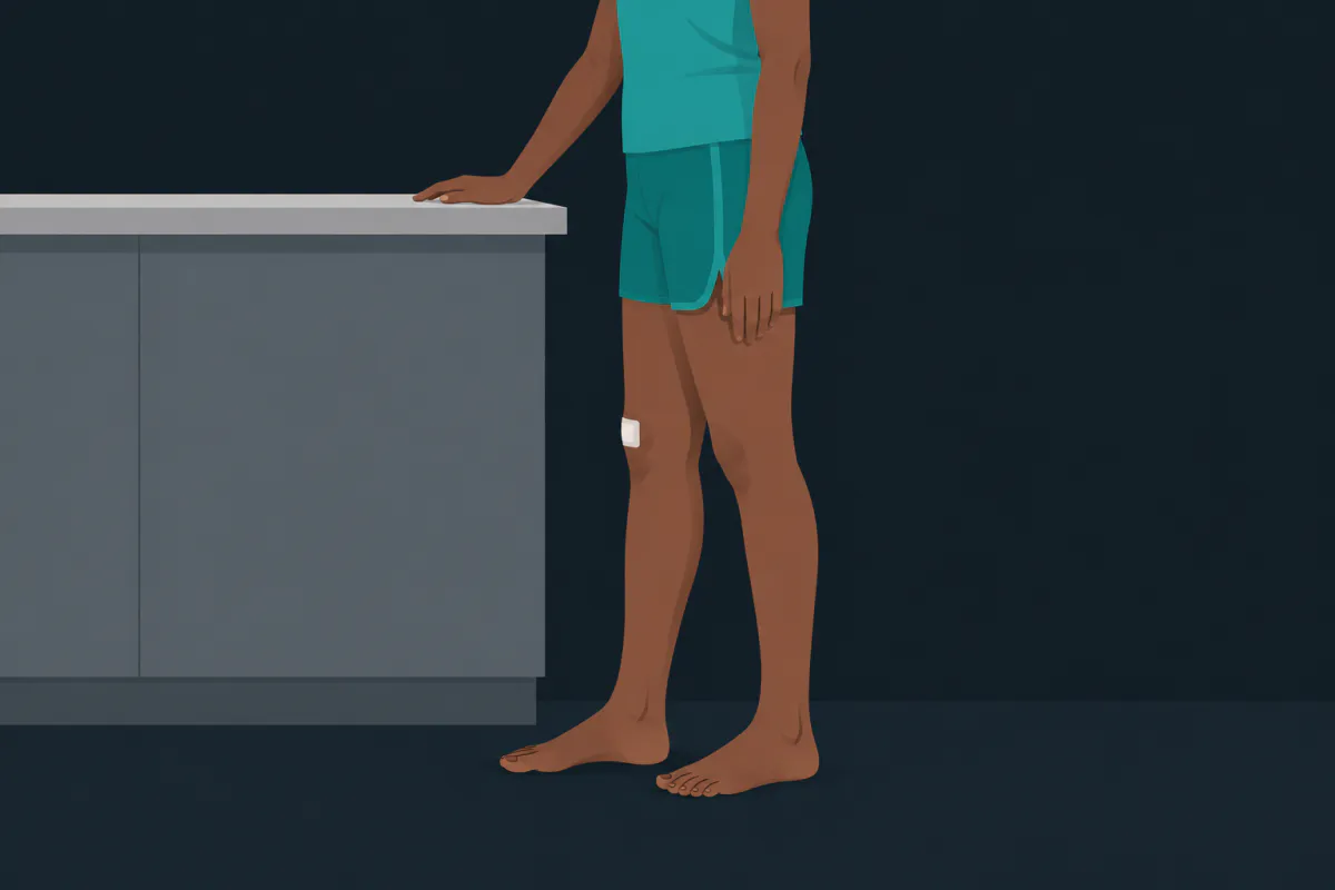 A person standing barefoot beside a kitchen counter with both legs straight, one hand resting on the counter.