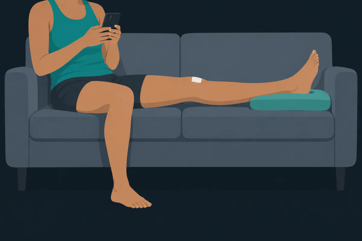 A person sitting on a sofa with one leg stretched straight along the cushions, holding a phone with its screen turned away.