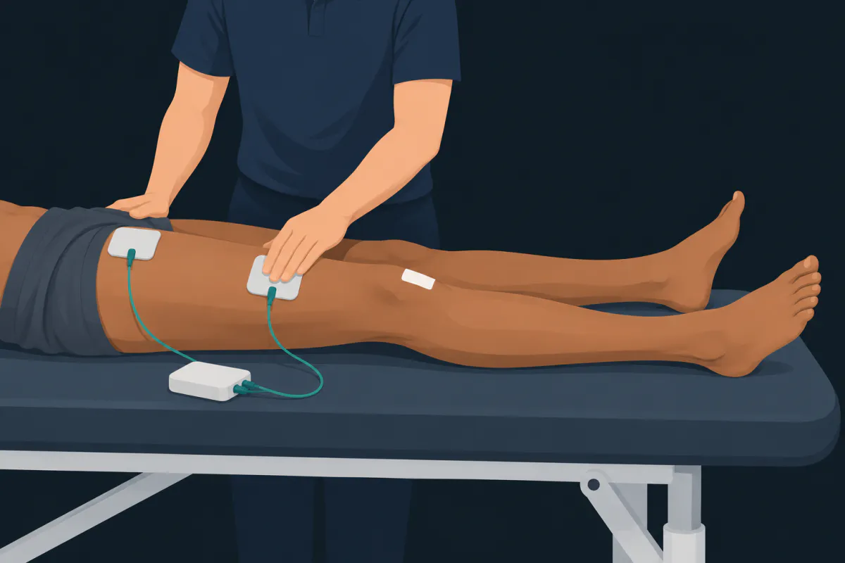 A physiotherapist placing two adhesive electrode pads on the front of a patient's thigh, cables running to a small handheld stimulator on the treatment table.