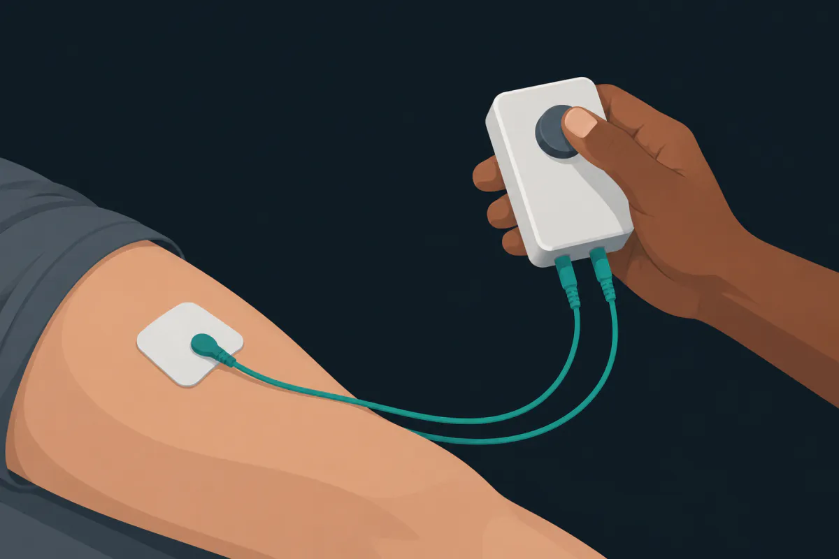 A close-up of a hand turning the dial of a small handheld electrical stimulator, cables leading to an electrode pad on a straight thigh.
