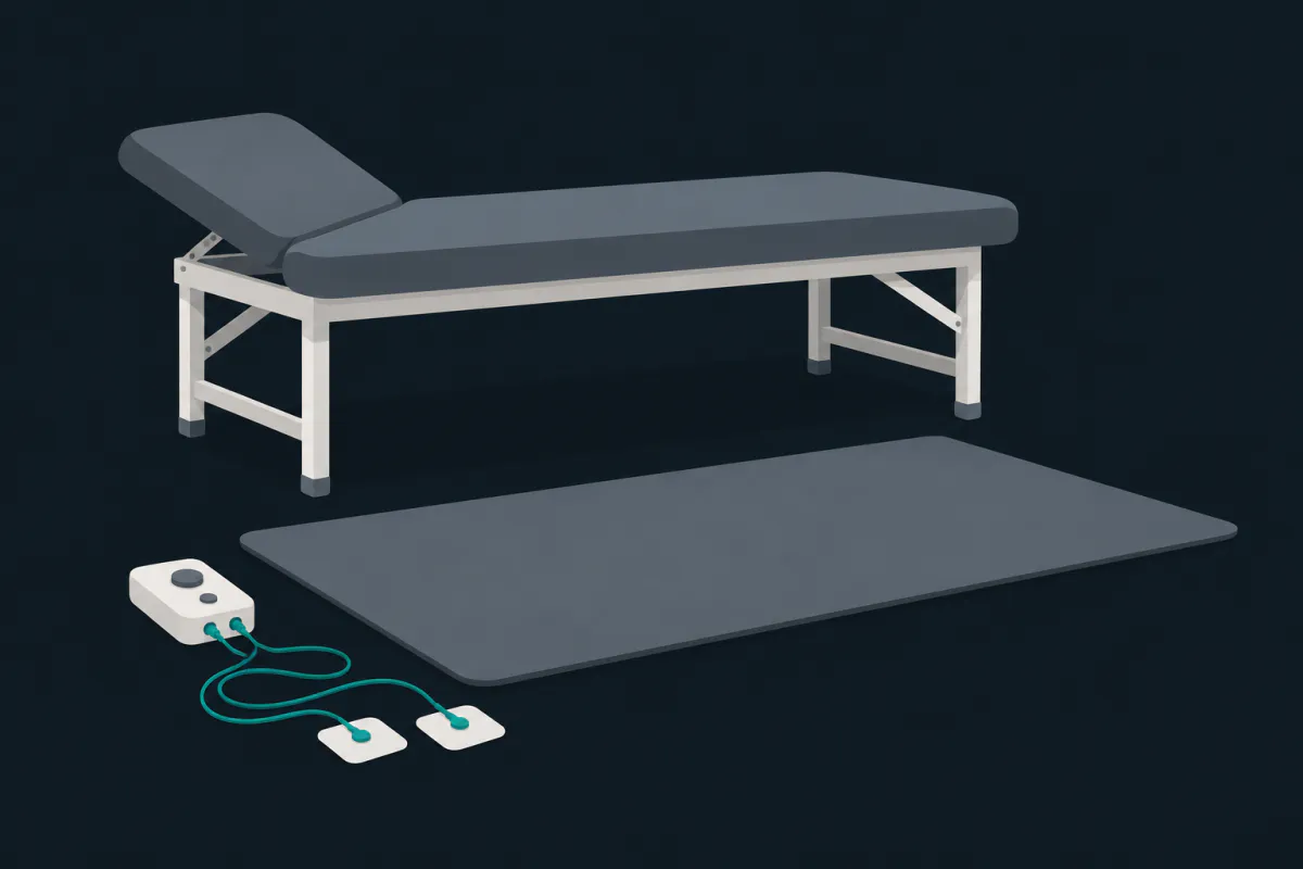 A small electrical stimulator with its cables and two electrode pads lying at the edge of an empty exercise mat on a clinic floor, a treatment table behind it.