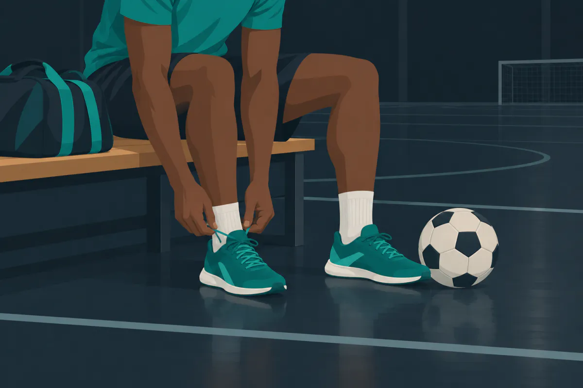 A person sitting on a bench at the edge of an empty sports hall, leaning forward to lace a trainer, a ball on the floor beside the other foot.