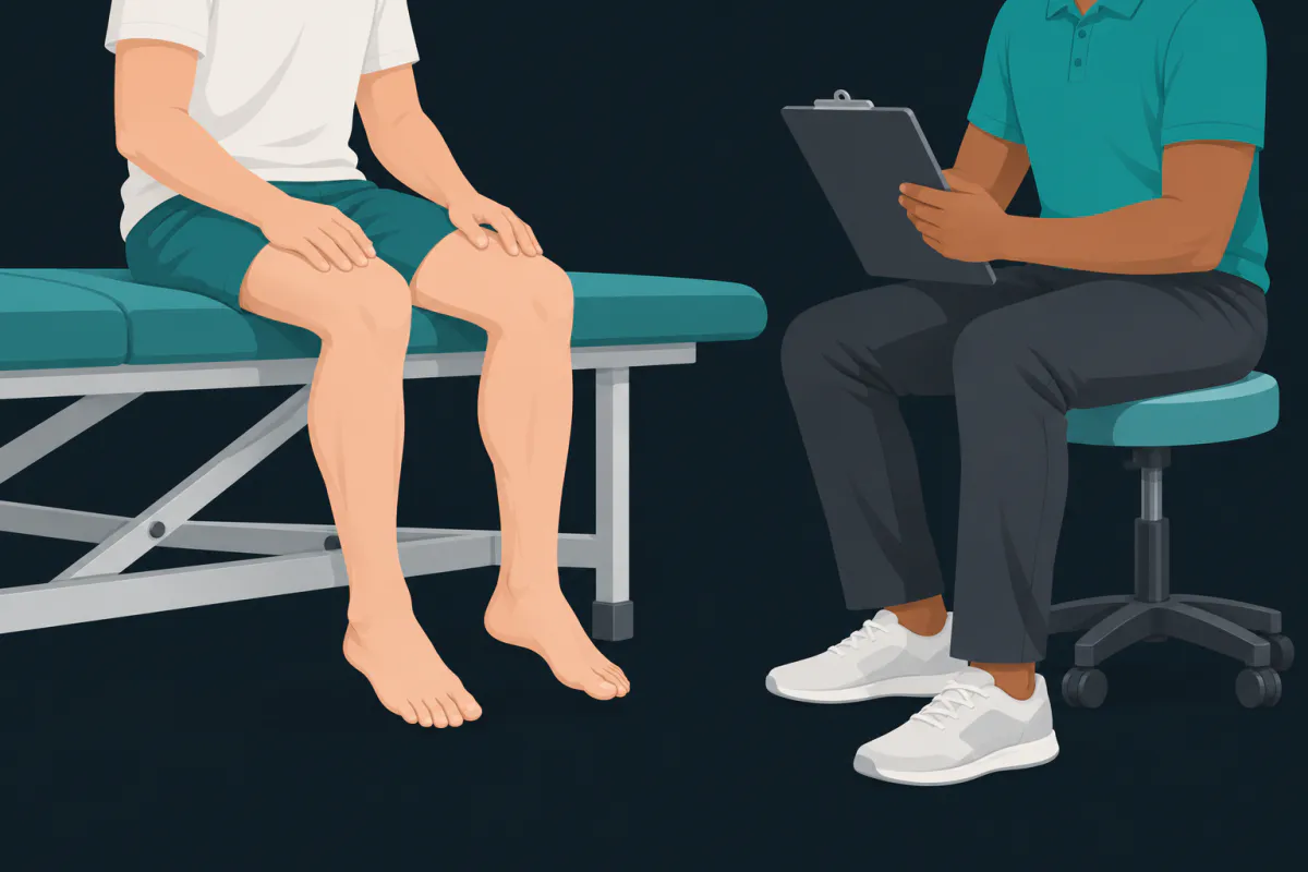 A patient sitting on a treatment couch and a physiotherapist on a stool facing them, holding a clipboard turned away from the viewer, in a plain clinic room.
