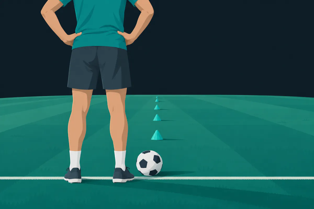 A person seen from behind standing at the touchline of an empty sports pitch, hands on hips, a ball at their feet and a line of training cones laid out on the grass.