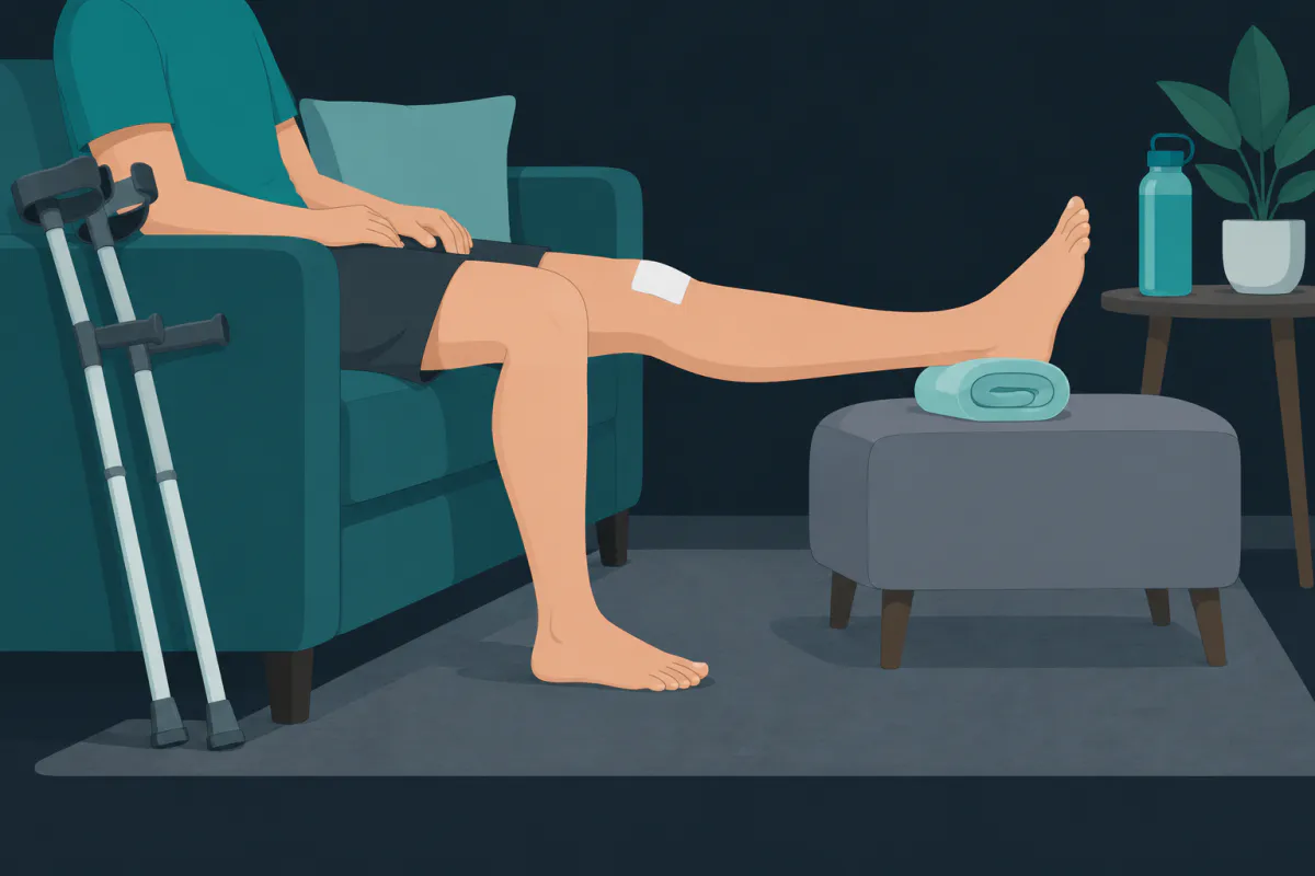 A person on a sofa with one leg stretched out straight, the heel propped on a rolled towel on a footstool and crutches beside them.