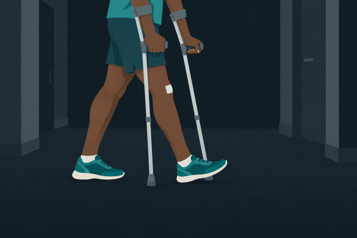 Side view of a person in trainers walking on two forearm crutches: the good leg steps through heel first while the crutches support the operated leg.