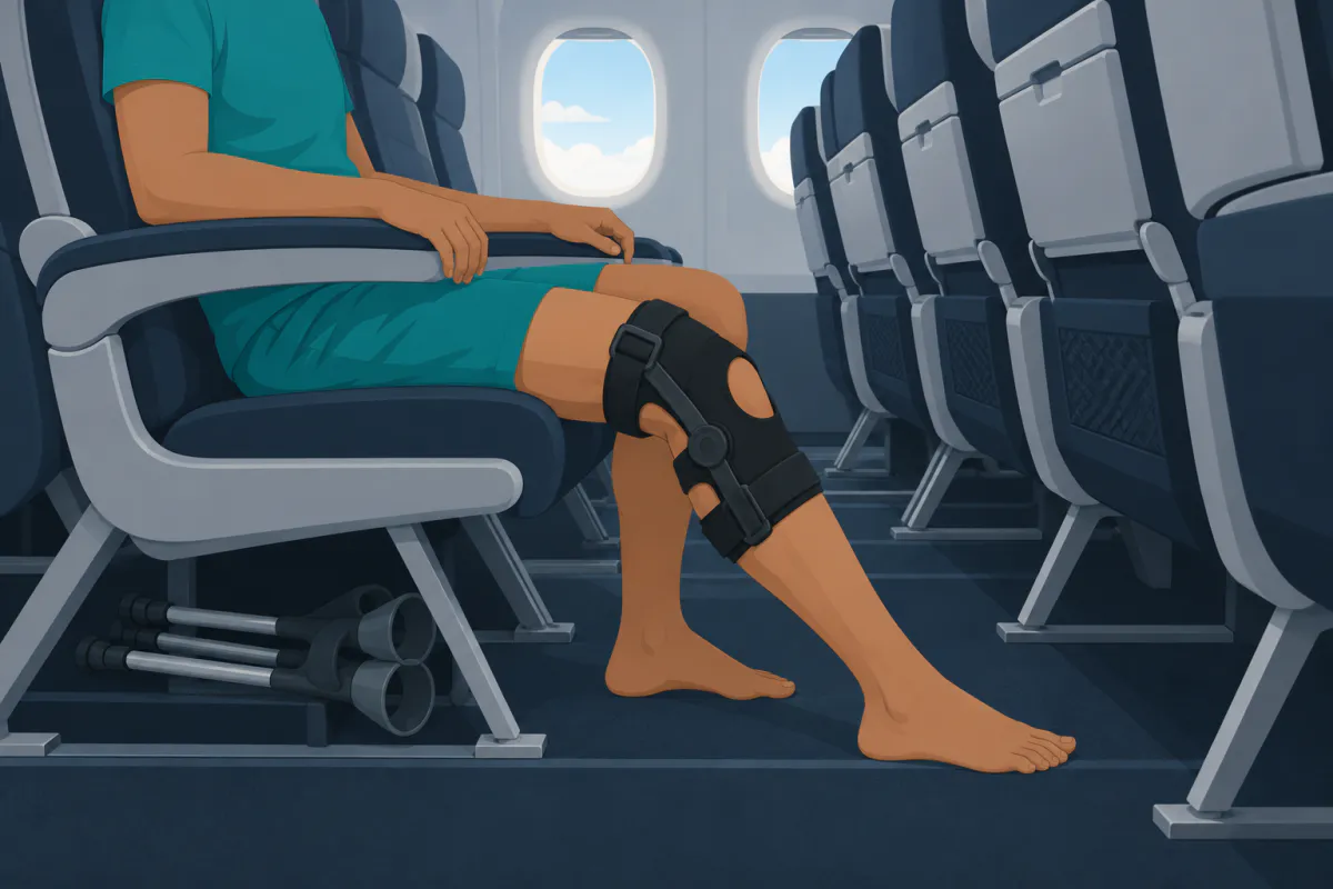 A passenger in an aisle seat of an aircraft, one leg in a hinged knee brace stretched slightly into the aisle, forearm crutches stowed beneath the seat.