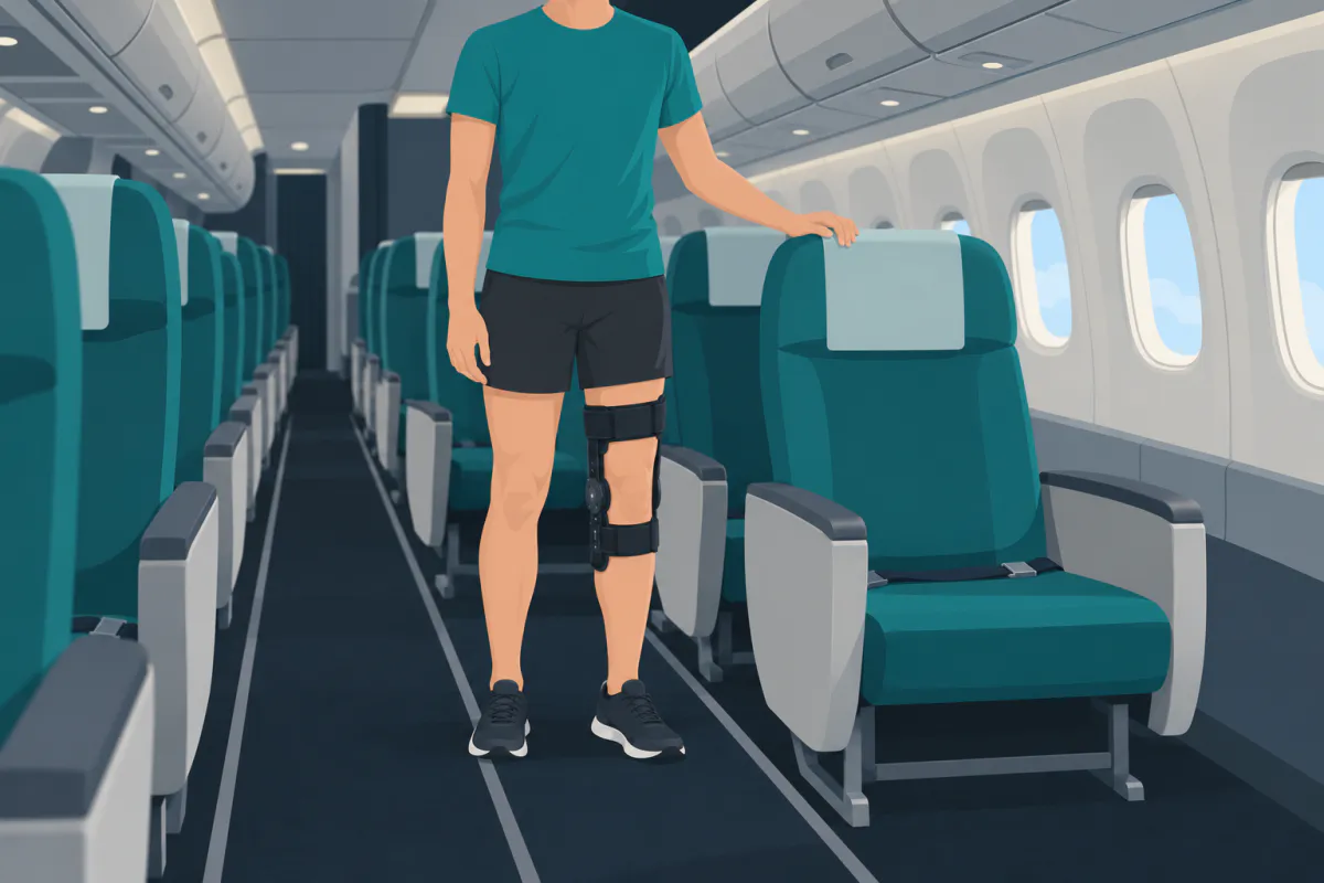 A passenger in a knee brace standing in the aisle of an aircraft cabin beside an aisle seat, one hand resting on the seat back.