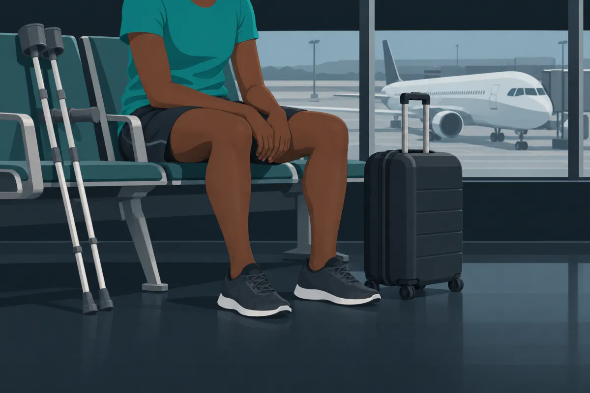 A traveller sitting in an airport departure lounge with forearm crutches leaning on the next seat and a small carry-on bag at their feet, an aircraft outside the window.