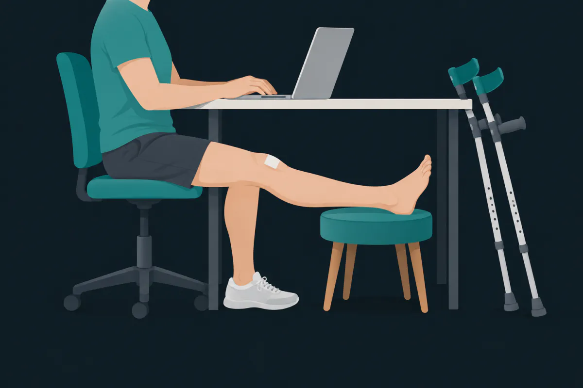 A person working at a desk on a laptop with one leg stretched out straight on a low stool under the desk and crutches leaning nearby.