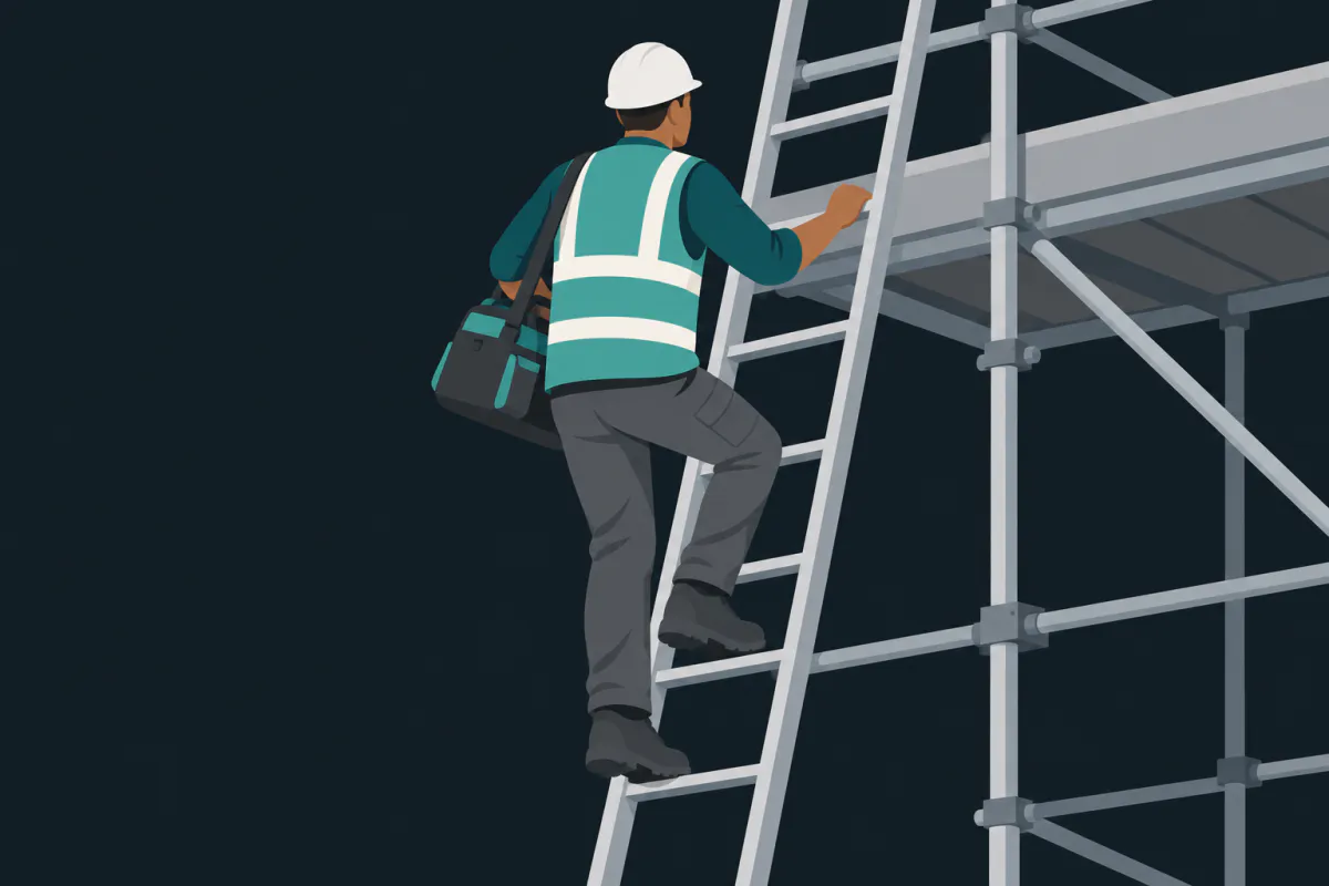 A worker in a hard hat and high-visibility vest climbing a ladder on a building site with a tool bag over one shoulder.