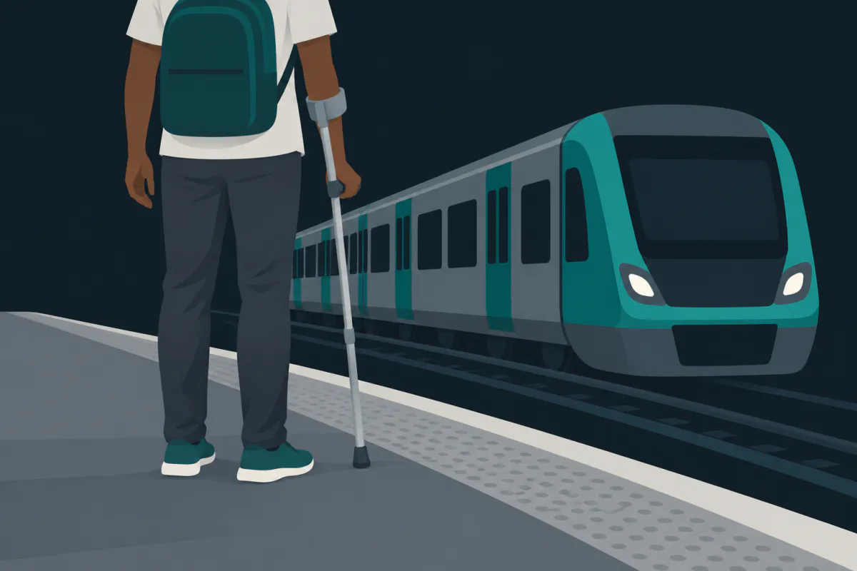 A commuter with a backpack and a single forearm crutch waiting on a railway platform as a train arrives.