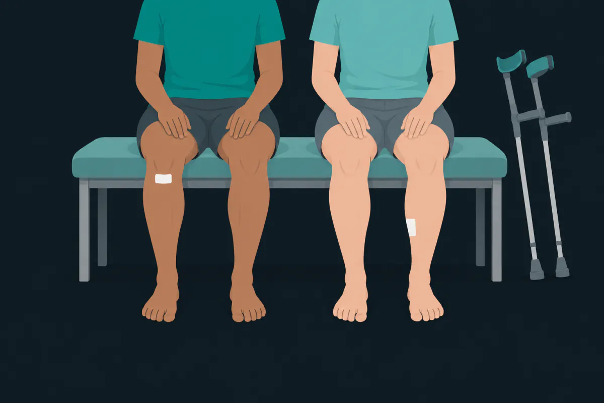 Two people sitting on a clinic bench, each with a small dressing on one leg, one below the kneecap and one on the inside of the shin.