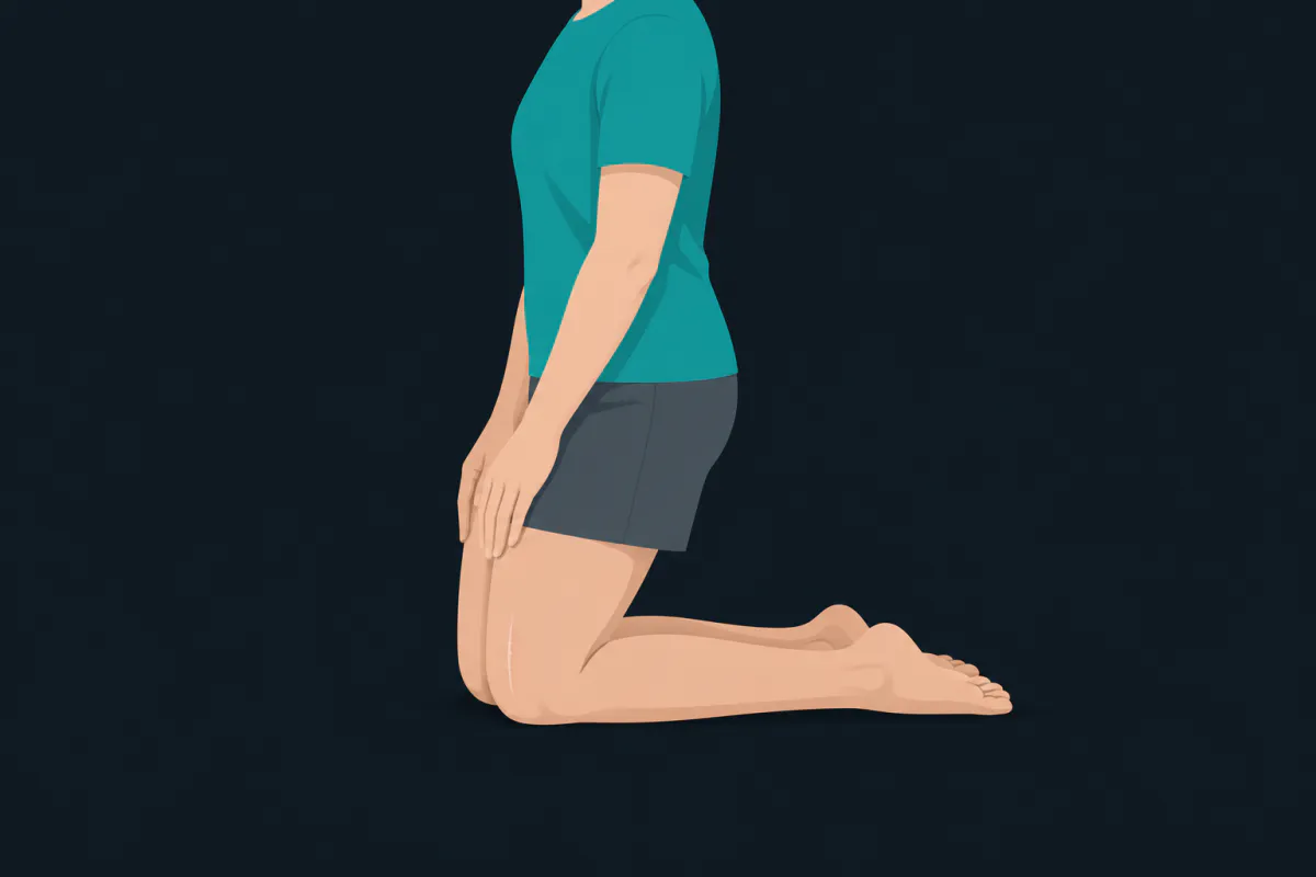 A person kneeling upright on both knees on a bare floor, seen from the side, hands resting on their thighs.