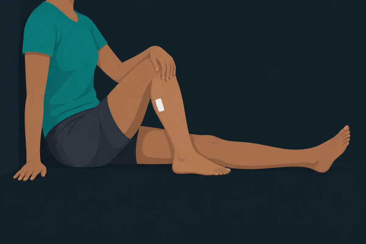 A person sitting on the floor against a wall with one knee bent close to the body and the other leg straight.