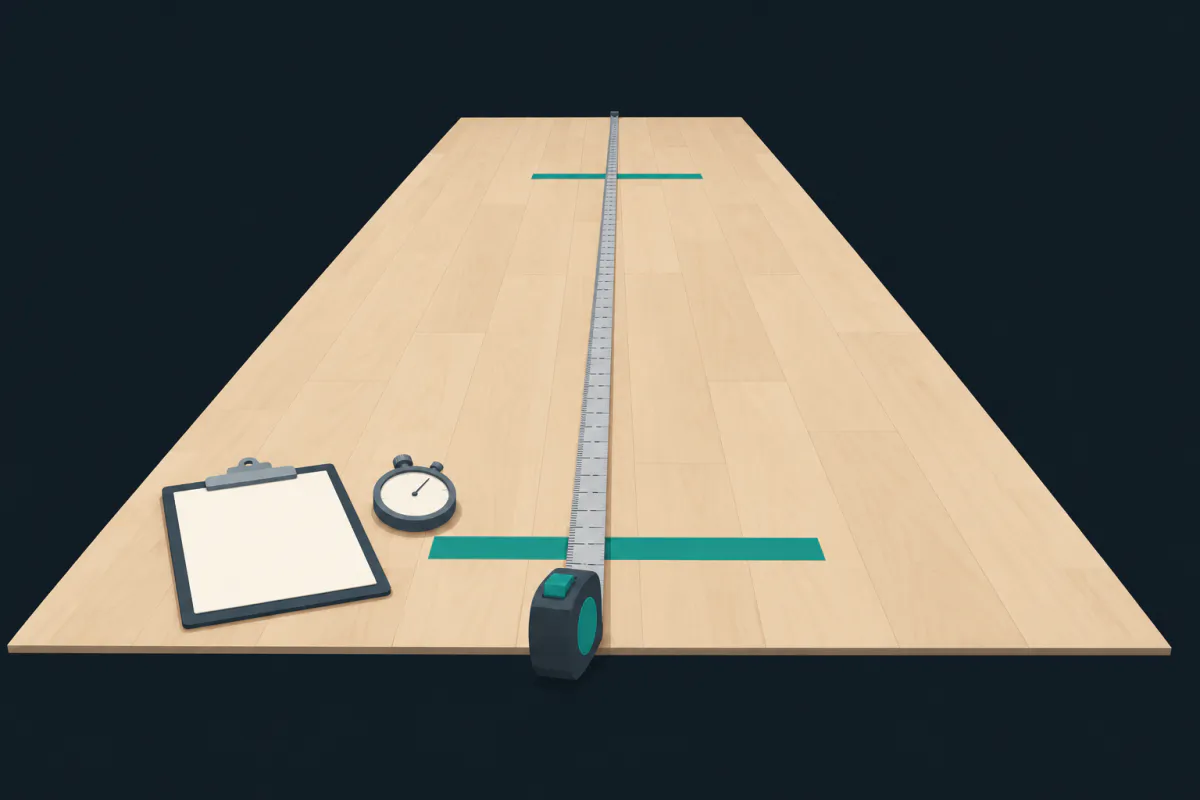 A tape measure extended along a gym floor between two strips of floor tape, with a stopwatch and a clipboard beside the start line.