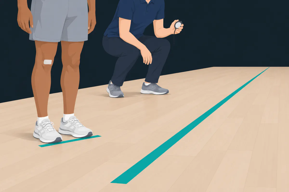 A patient standing with both feet behind a taped start line while a physiotherapist crouches nearby holding a stopwatch, a long strip of tape running away along the floor.