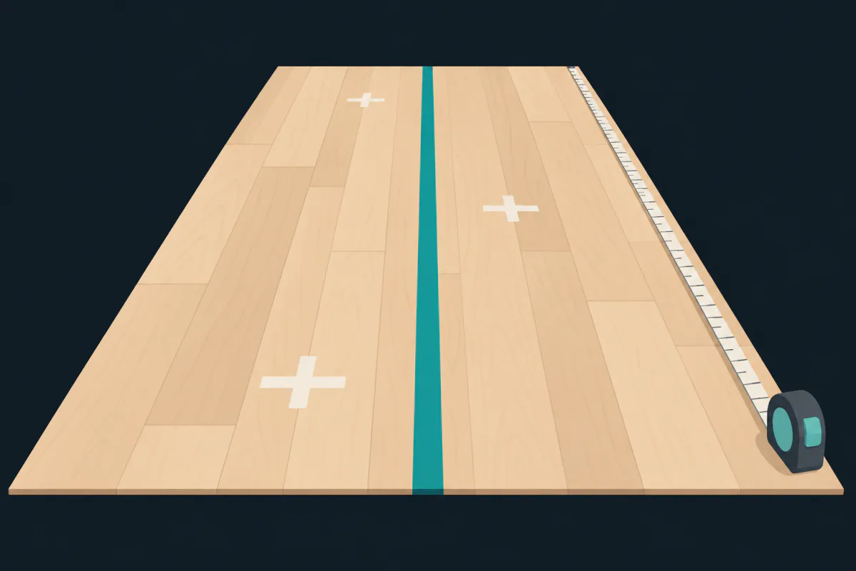 A narrow strip of tape running along a gym floor with small tape crosses placed alternately to each side of it.