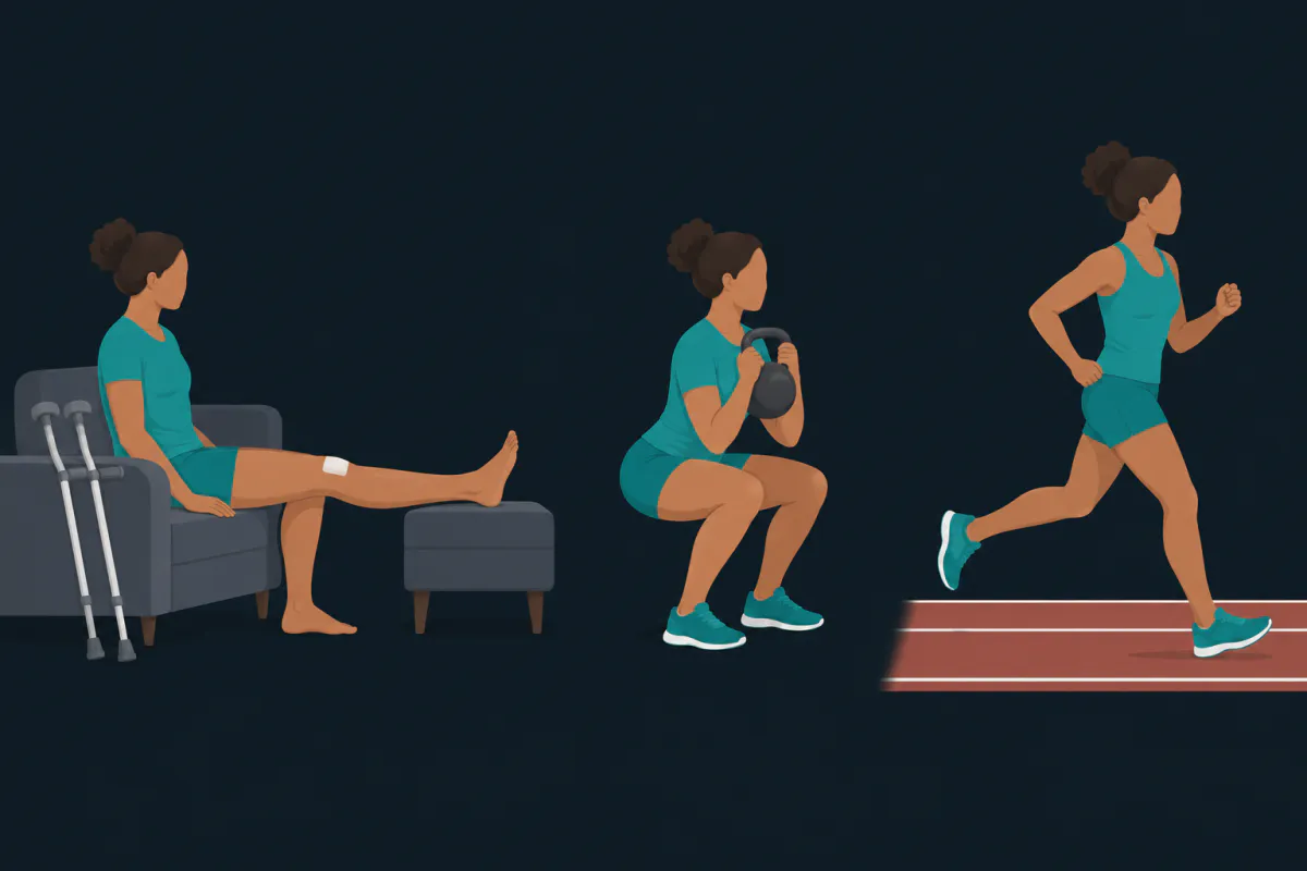 Three panels of the same person: resting with a leg propped and crutches beside them, squatting with a kettlebell in a gym, and running on a track.