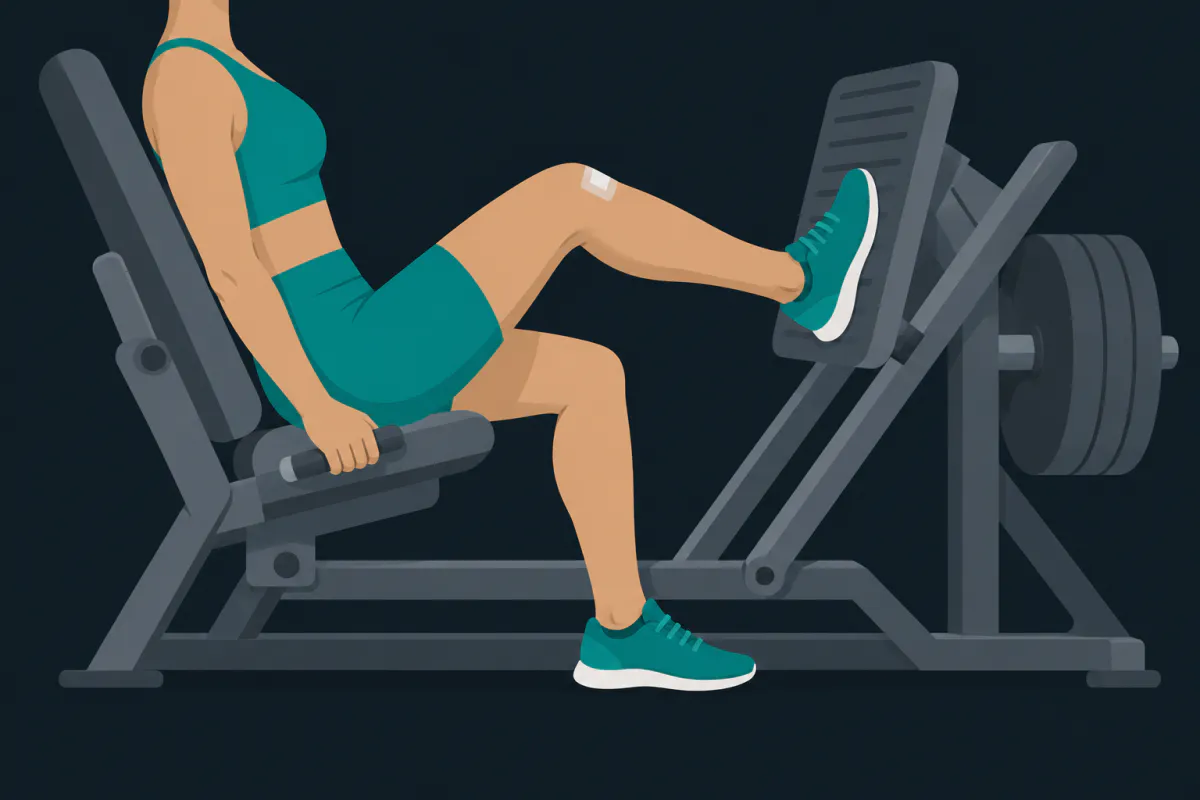 A person on a seated leg press machine pushing the footplate with one leg while the other foot rests on the floor.