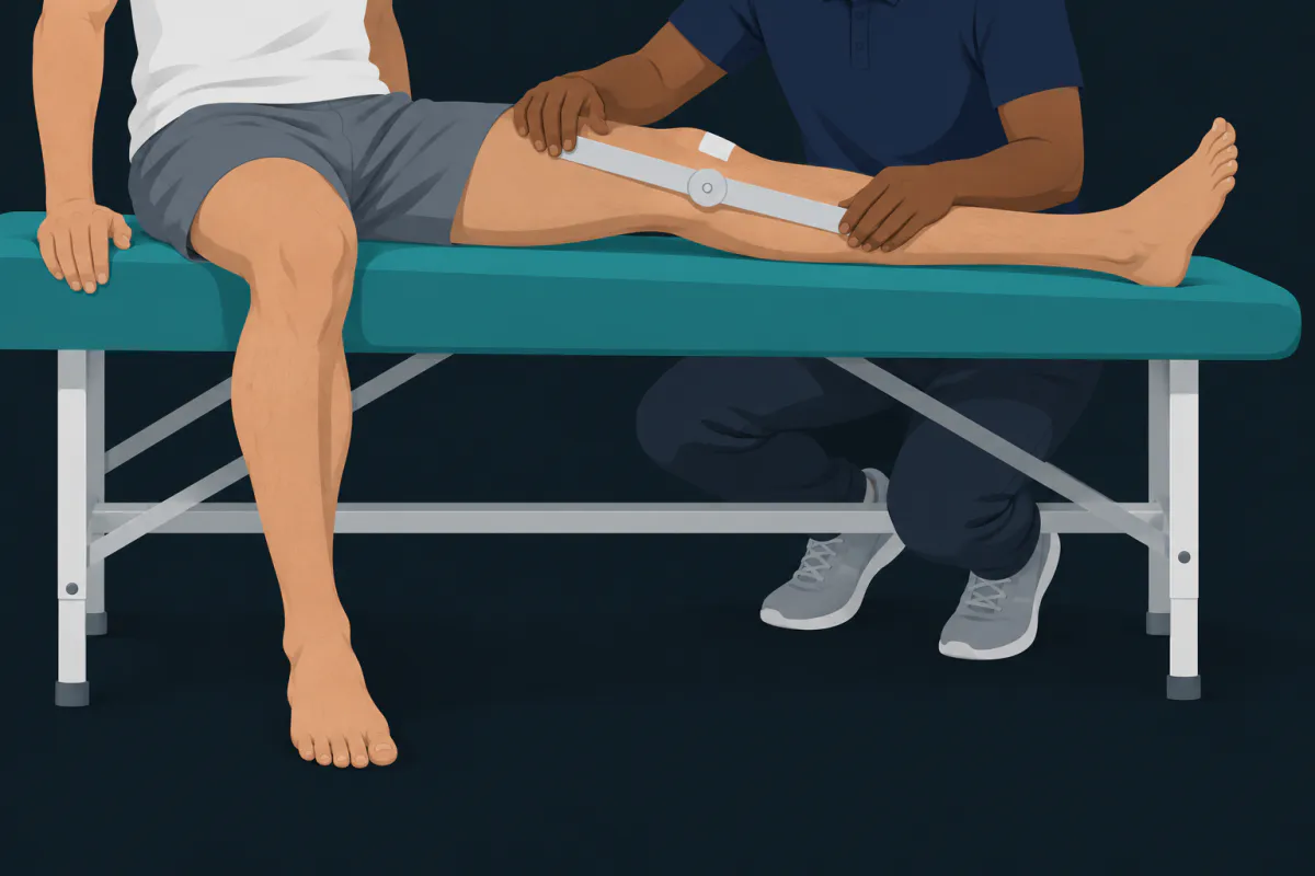 A physiotherapist crouching beside a treatment table holding a hinged goniometer against the outside of a patient's straight knee.