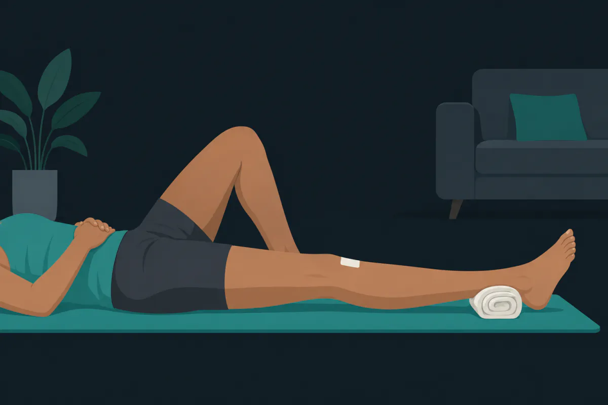 A person lying on their back on an exercise mat at home with one leg straight over a rolled towel and the other bent with the foot flat.