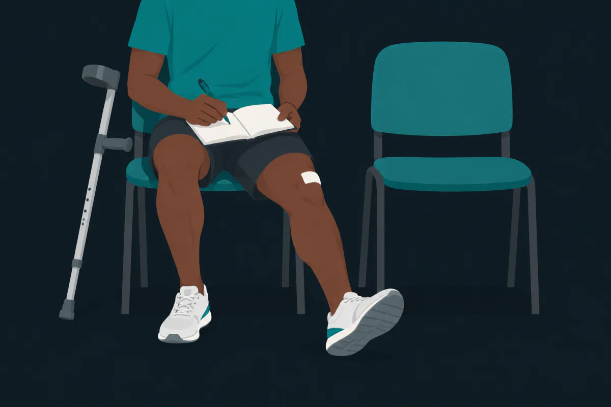 A person sitting in a clinic waiting area with one leg stretched out, an open blank notebook on their lap and a crutch leaning on the chair.