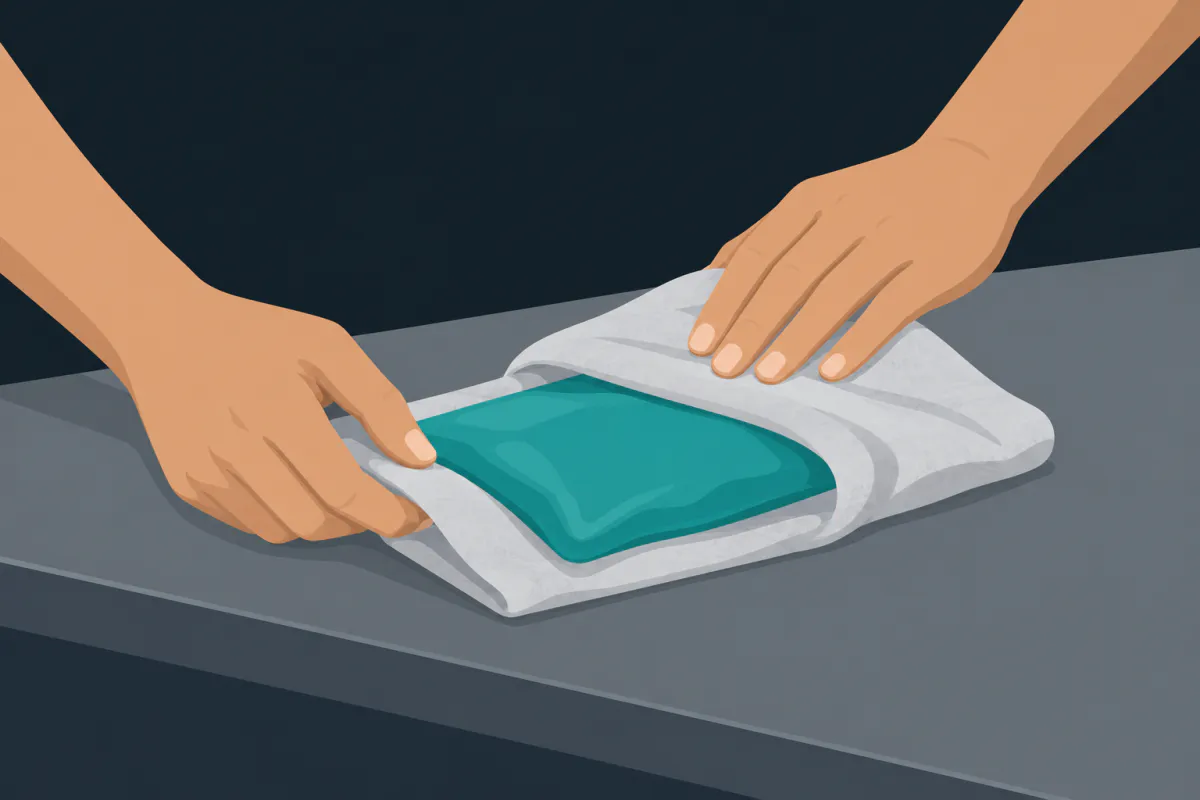 Two hands folding a thin pale towel around a plain rectangular gel cold pack on a kitchen counter.