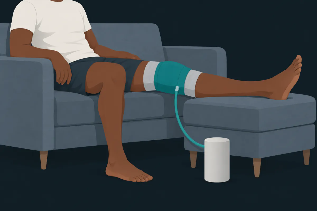A person sitting on a sofa with one leg out on a footstool, a plain cuff around the knee and a tube running to a small unit on the floor.