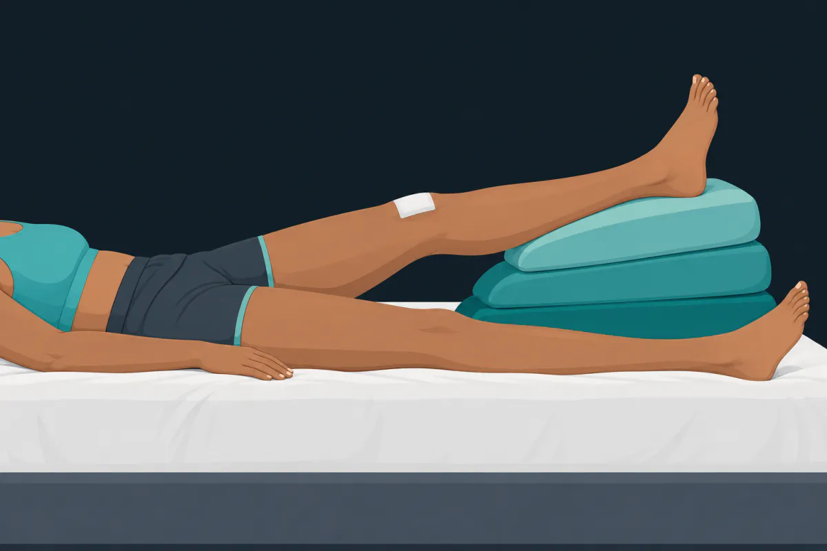 A person lying flat on a bed with one whole leg raised on stacked cushions, the heel supported and the knee straight.
