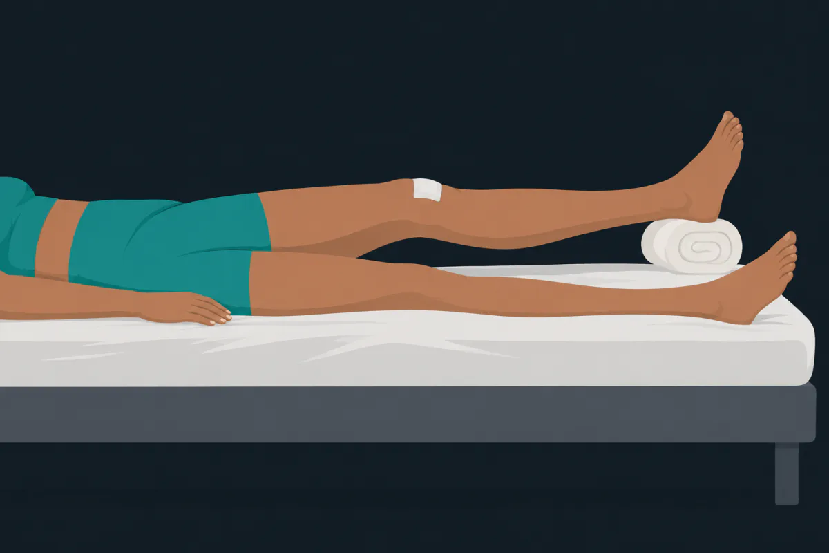 A person lying on their back with one heel resting on a rolled towel, the calf and the back of the knee hanging free above the mattress.